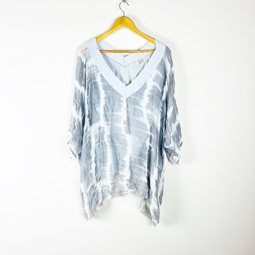 Light Blue Tie-Dye V-Neck Blouse